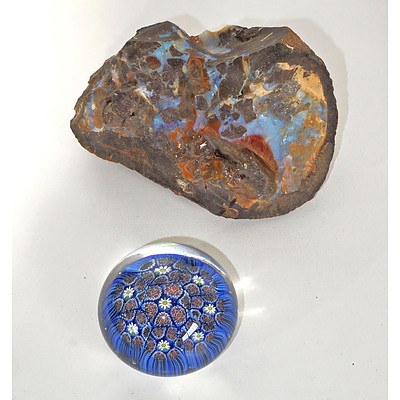 Small Millefiori Studio Glass Paperweight and a Boulder Opal Specimen