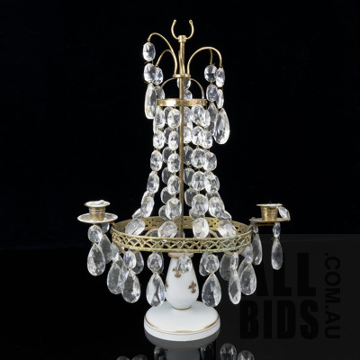 Vintage French Milk Glass and Brass Candelabra with Prism Drops