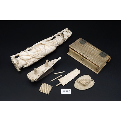 Antique Chinese Carved Ivory Figure of Shoulao Holding a Staff with Bats Circling, Plus Other Ivory and Bone Ornaments