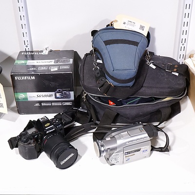 Nikon F-801 35mm Camera, Panasonic NV-DS38 Video Camera, New Fujifilm S6500fd Digital Camera with Accessories