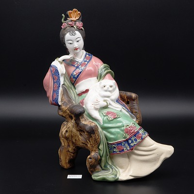 Chinese Polychrome Glazed Porcelain Figure of a Beauty Seated with a Cat on Her Lap, Later 20th Century