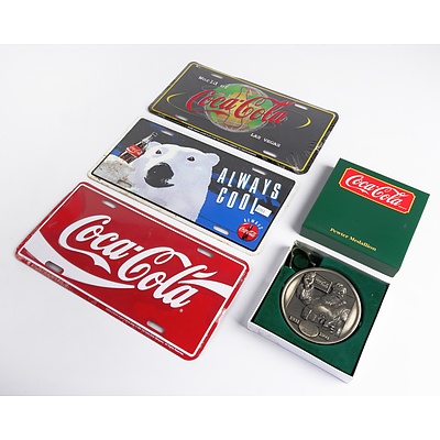 Coca Cola 1931-91 60 Years with Santa Pewter Medallion in Box and Three Coca Cola Number Plates
