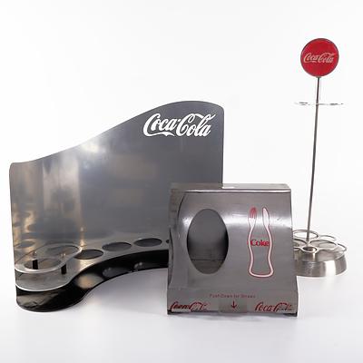 Coca Cola Stainless Steel Straw Dispenser and Two Store Bottle Display Stands