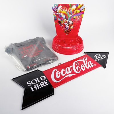 Large Coca Cola Plastic Cafe Sign on Stand (110cm), 20 Footy Finals Flags, Store Bottle Display and a Coca Cola Arrow Sign (66 cm Long)