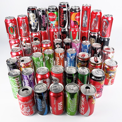 Large Collection of Assorted Unopened and Opened Coca Cola Collector Cans and Bottles (Approx. 80)