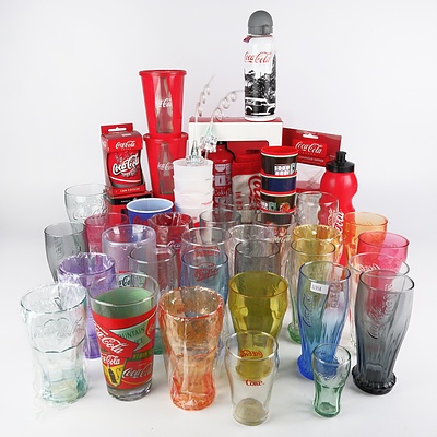 Large Collection of Assorted Coca Cola Collector Mugs, Glasses, Drink Bottles and Plastic Cups - Some Unopened (Two Boxes)
