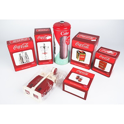 New Coca Cola Napkin Dispenser, Three Salt and Pepper Sets, Toothpick dispenser, sugar Shaker and Straw Holder