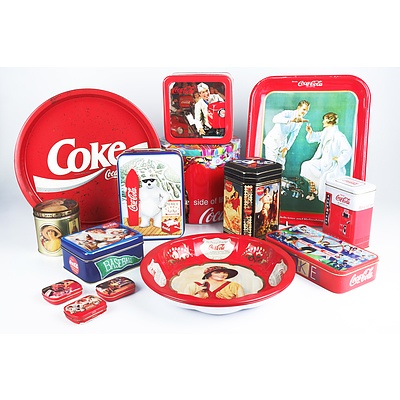 Four Coca Cola Metal Drinks Trays and Assorted Collector Tins