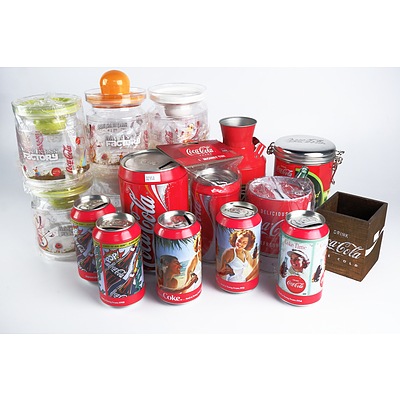 Eight New Coca Cola Money Boxes, Seven Assorted Canisters, Small Wooden Box and Metal Can