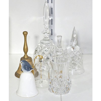 Seven Various Vintage Crystal Porcelain Brass Bells