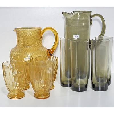 Two Retro Coloured Glass Five Piece Water Sets