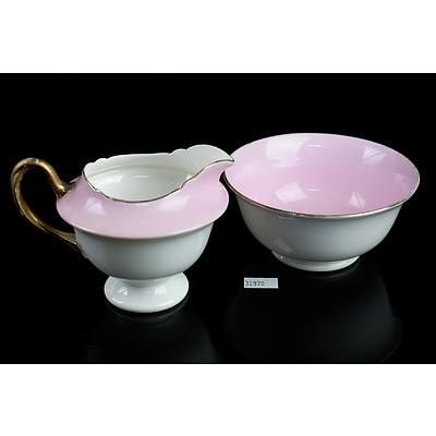 Shelley Porcelain Pink and Gilt Traced Sugar Bowl and Milk Jug