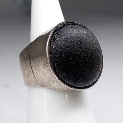 Sterling Silver Gents Ring with Worn Gemstone, Possibly Volcanic Glass