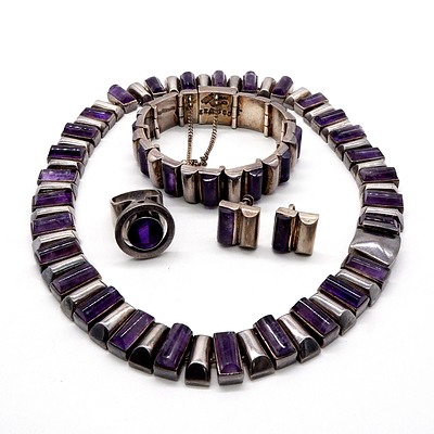 Vintage Mexican Sterling Silver and Amethyst Box Style Necklace with Matching Bracelet, Earrings and Ring