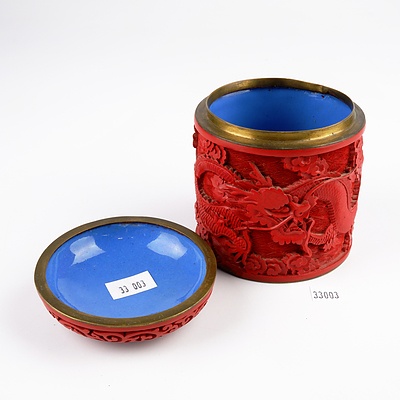 Good Chinese Cinnabar Lacquer Jar with Five Claw Dragon, 20th Century