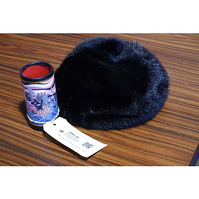 Original Otto Lucas of London Black Fur Ladies Hat and a Vintage Pen Holder with Eastern Motif