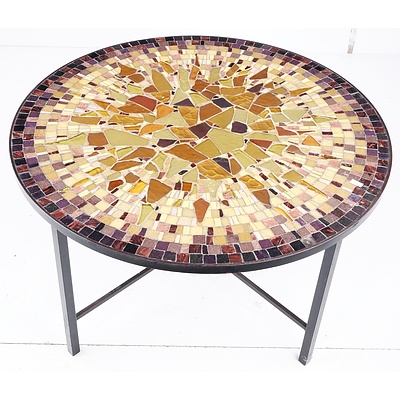 Contemporary Circular Coffee Table with Wrought Iron Frame and Mosaic Tiled Top