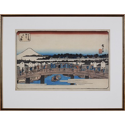 Three Colour Woodcuts: Hiroshige, Nippon Bridge & Spring View at Shinobazu Pond; Kunisada, A Fashionable Woman (3)