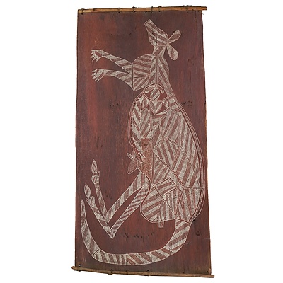 Bobby Barrdjaray Nganjmirra (1915-1992, Kunwinjku language group), Kangaroo, Natural Earth Pigments on Eucalyptus Bark, 102 x 51 cm