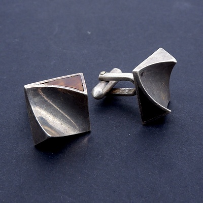 Pair of Mexican Abstract Sterling Silver Cufflinks with Inlaid Tortoise Shell