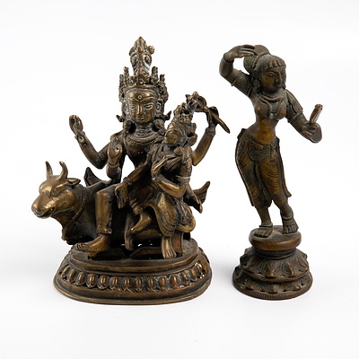 Vintage Indian Cast Brass Figure of Shiva Riding a Bull and Another Cast Brass Hindu Deity on Lotus Base, 20th Century