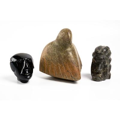 Inuit Hardstone Carving of a Bird, Carved Nigerian Head Possibly Obsidian, and a Craved Mexican Head