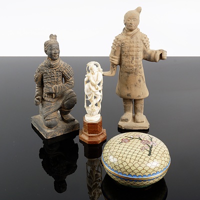 Two Chinese Terracotta Warriors, Vintage Cloisonne Ring Box, and a Carved Ivory Figure of Krishna