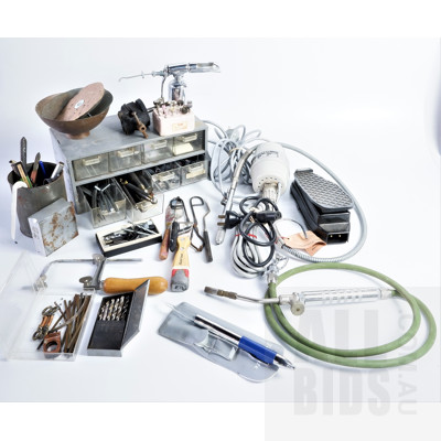 Quantity of Jewellery Making Equipment and Ephemera Including Commercial Anthogyr Rotary Tool, Spray Gun, Silver Solder, Copper Sheets Tools and More