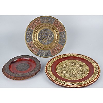 Various Eastern Dishes and Trays, Including Indian Mixed Metal Hanging Tray with Dancing Shiva