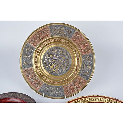 Various Eastern Dishes and Trays, Including Indian Mixed Metal Hanging Tray with Dancing Shiva