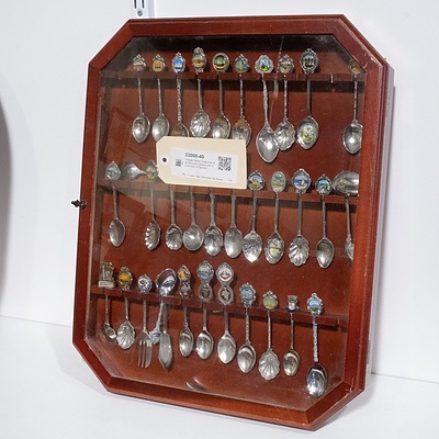 Vintage Spoon Collectors Wall Mounted Cabinet with a Collection of Spoons