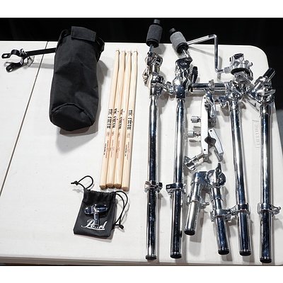 Four Pearl Electronic Kit Drum Stands, Two Sets of Hickory Drumsticks, Stick Holder and Tuning Key