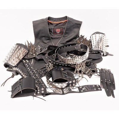Quantity of Goth Leather Heavy Metal Costume Items Including Interstate Leather Vest, And Mr S Leather Items and More