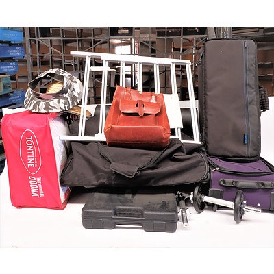 Quantity of Bags, Sporting items and Homewares  Including Tontine Queen Doona, Bar Bell Set and More