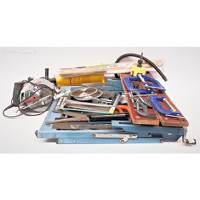 Quantity of Tools Including Bosch Circular Saw, Six Clamps and Black and Decker Workmate 600 Adjustable Workbench