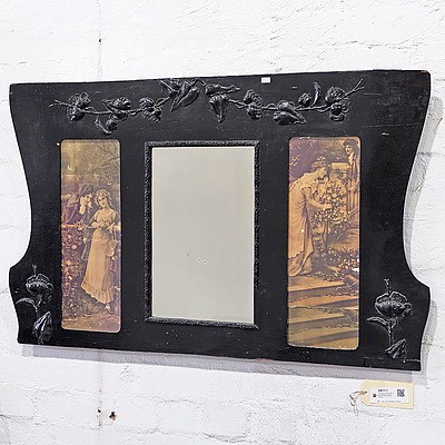 Art Nouveau Stained Wood Frame with Applied Moulded Gesso Floral Decorations and Bevelled Mirror Flanked by Period Prints, Early 20th Century