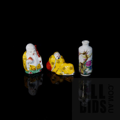 Chinese Ceramic Immortal Figures and Famille Rose Snuff Bottle