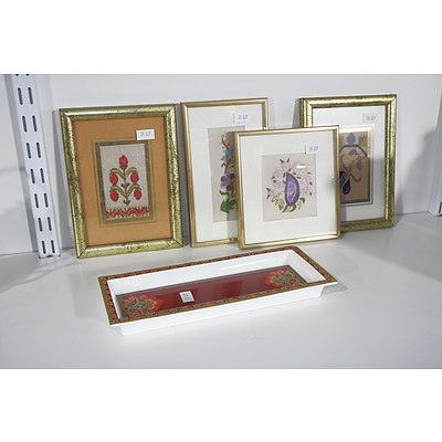 Four Small Framed Needlepoint Artworks and a Villeroy and Bosch Biscuit Plate