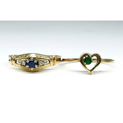 9ct Yellow Gold Heart Ring with Round Facetted Emerald, 0.8g and 10ct Yellow Gold Ring with Sapphire and Diamonds 1.8g