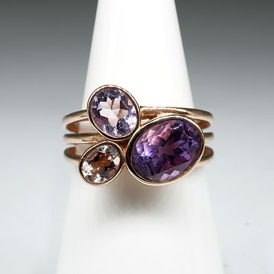 9ct Rose Gold Ring with Amethyst and Colourless Quartz, 5.5g