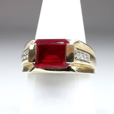 10ct Yellow Gold Created Ruby and Diamond Gents Ring, 6.1g