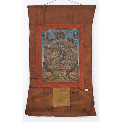 Buddhist Thangka, Wheel of Life and Dharmapala, Tempera on Linen with Silk