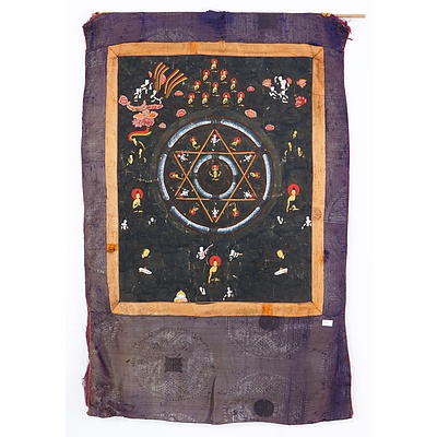 Buddhist Thangka, Six Pointed Star Mandala, Tempera on Linen with Silk