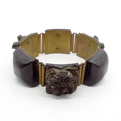 Antique Amber Bracelet on Brass, with Carved and Cabochon Panels