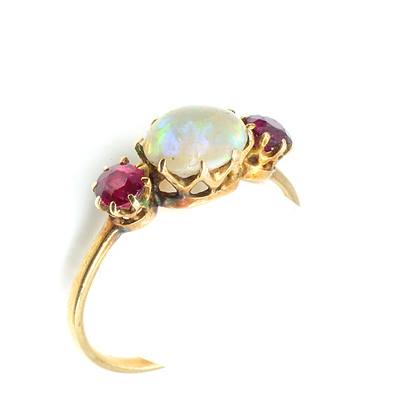 Antique 18ct Yellow Gold Ring with Rubies and Crystal Opal Cabochon with Very Good Play of Colour
