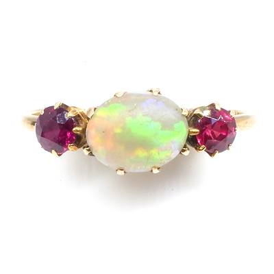 Antique 18ct Yellow Gold Ring with Rubies and Crystal Opal Cabochon with Very Good Play of Colour