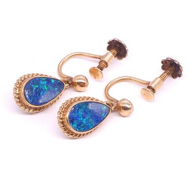 Pair of 10ct Yellow Gold Screw On Earrings with Pair Shape Drop Black Opal Doublet
