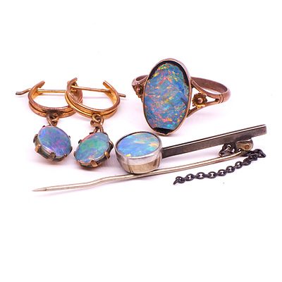 Antique 9ct Yellow Gold Opal Drop Earrings, Antique Opal Doublet Ring and Opal Doublet Bar Brooch