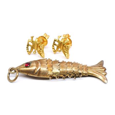 Pair of Gold Plated Earrings and a Gold Plated Fish
