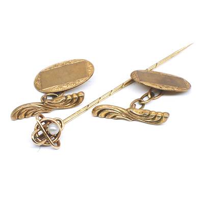 Pair of 9ct Yellow Gold Cuff Links and Tie Pin with a Glass Imitation Pearl